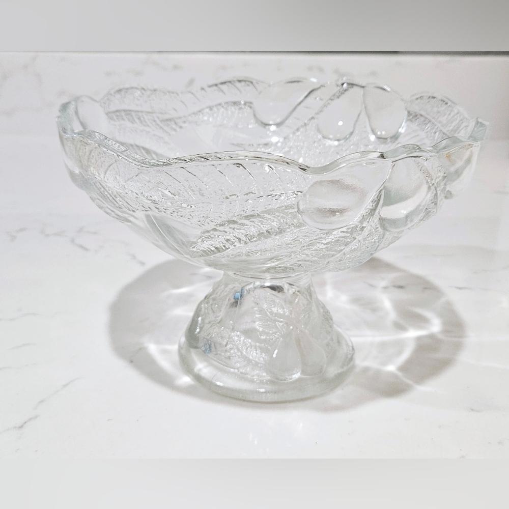 Vintage Footed Pressed Glass Pedestal Leaf And Pear Pattern Fruit Bowl